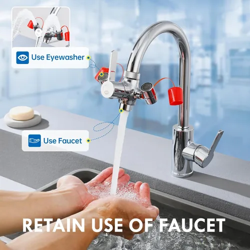 Vista 3 de Estación de lavado de ojos montada en grifo con tapa, unidad de lavado de ojos de emergencia para laboratorio, fábrica, sitio industrial, oficina