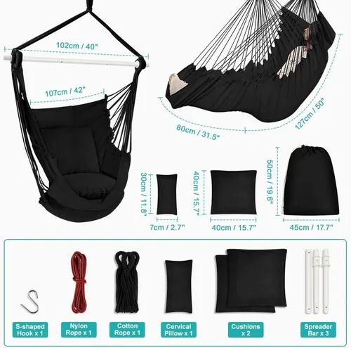 Vista 3 de Outerman Silla tipo hamaca, silla colgante con 3 cojines y soporte para los pies, barra separadora de metal resistente con un máximo de 500 libras