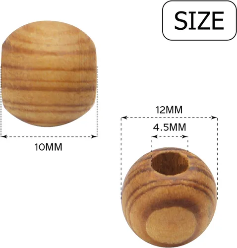 Vista 3 de Cuentas de madera natural, 200 piezas de 0.472 in redondas, agujero grande (0.177 in) para decoraciones de bricolaje