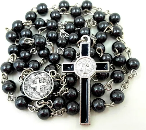 Vista 6 de TALISMAN4U Collar de rosario católico con cuentas de hematita negra medalla de San Benito y crucifijo de cruz en caja de regalo