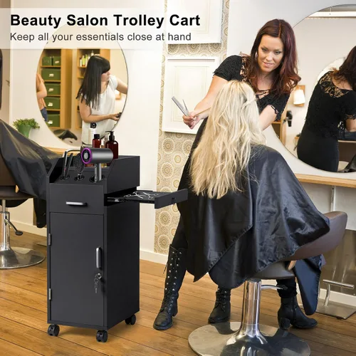Vista 2 de Winado Carrito de almacenamiento de peluquería con ruedas y 3 soportes para secador de pelo, 4 cajones y cerradura y 2 llaves, estación de Negro