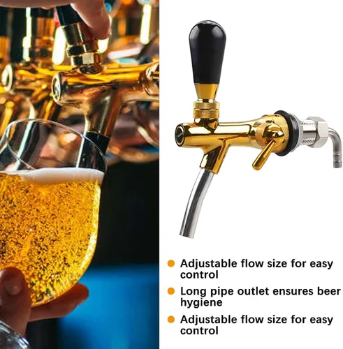 Vista 4 de LUCKEG Grifo de cerveza ajustable dorado – Controlador de flujo, grifo de barril de cerveza, vástago cromado G5/8 rosca con tuerca hexagonal