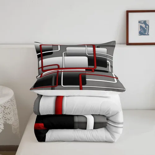 Vista 7 de Castle Fairy Juego de edredón rojo, negro y blanco, tamaño Queen, juego de ropa de cama geométrica abstracta para mujeres, hombres, adultos Multi 01
