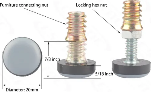 Vista 2 de Nivelador de muebles PTFE (teflón) inferior (base de 0.787 in), vástago roscado (1/4-20) almohadillas de ajuste, mesa/silla/gabinete/sofá