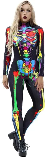 Vista 2 de Tizzomx Disfraz de Halloween para mujer, overol de esqueleto con estampado 3D de hueso de calavera para mujer, overol de esqueleto