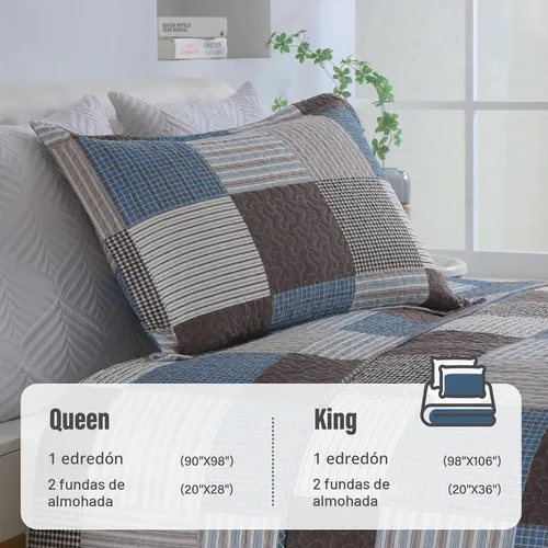 Vista 5 de Y-PLWOMEN Colchas 100% algodón tamaño Queen Farmhouse Plaid 3 piezas ropa de cama Azul y marrón