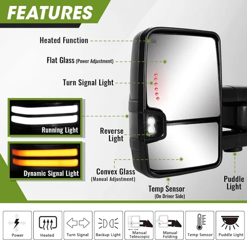Vista 2 de Switchback Espejos de Remolque para Dodge Ram 1500 2009-2018, Ram 2500 3500 2010-2018, 1500 Classic 2019-2024 con Luces Secuenciales de Negro