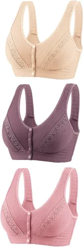 Vista 15 de Glamorette Snap Front Bra Older Women,Snap Front Bra, Sexy Lace Embroidered Bras,Pull-On Front Closure Button Bras 3 unidades de color negro.