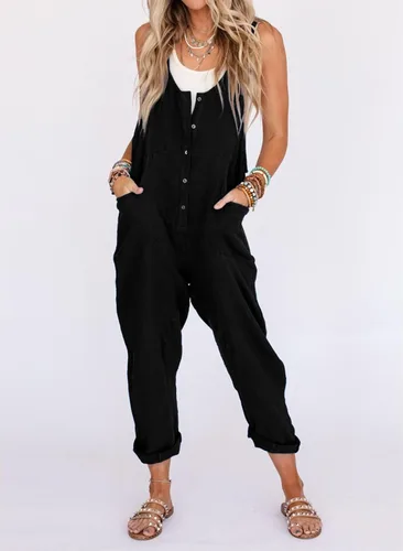 Vista 2 de LTSCNRM Overol de lino y algodón para mujer, para verano, casual, holgado, sin mangas, con correas ajustables y bolsillos