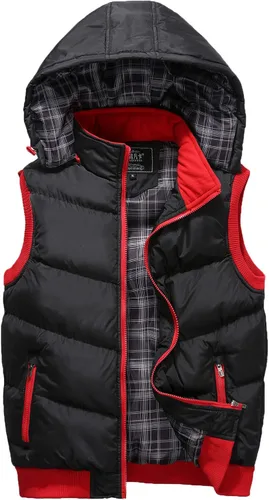 Vista 48 de WENKOMG1 Chaleco con capucha con doble cremallera para hombre, abrigo de color sólido, abrigo cálido y grueso, sin mangas, chaqueta suelta