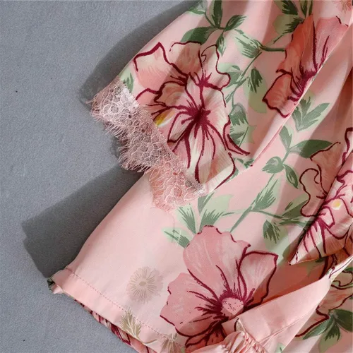 Vista 4 de NSQFKALL Pijama de satén de seda para mujer, conjunto de ropa de dormir, ropa de dormir, bata de vestir con cuello en V, bata sexy de encaje, rosa 2