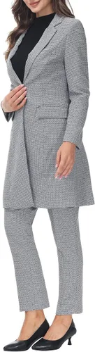 Vista 4 de Conjunto de 2 piezas de blazer largo con pantalones para mujer, a cuadros, elegante, para oficina casual de negocios Gris