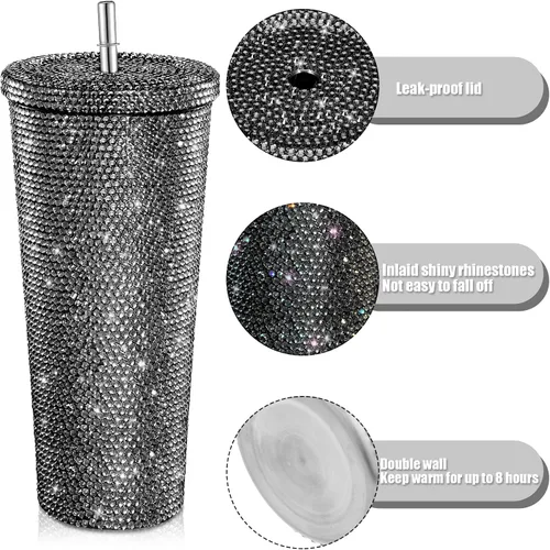 Vista 6 de Vaso térmico con diamantes de imitación con tapa, reutilizable, aislado, de acero inoxidable de alta calidad, botella de agua estética de primera