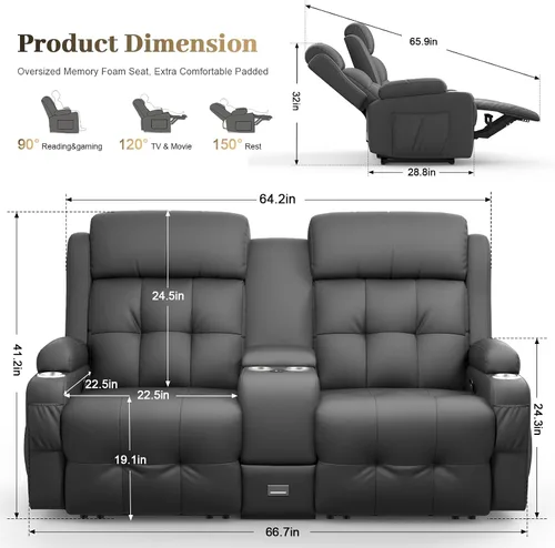 Vista 22 de Sofá de Dos Plazas Reclinable, Sofá Reclinable de Masaje con Gran Capacidad de Peso, Silla de Dos Plazas para RV en Liquidación con Consola, USB