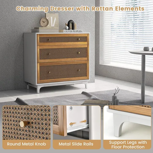 Vista 4 de Giantex Cómoda de 3 cajones para dormitorio, cómoda de almacenamiento con dispositivo anticaída, amplia mesa de noche para sala de estar, pasillo