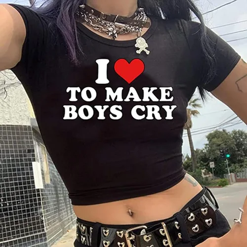 Vista 3 de Kavousa Camiseta corta con texto en inglés "I Love My Boyfriend" de manga larga Y2K, camiseta de gran tamaño para mujeres, adolescentes y niñas