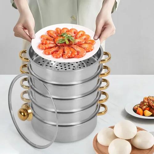 Vista 2 de Vaporizador de 5 niveles para cocinar, vaporizador de alimentos de acero inoxidable con asas doradas, ollas de vapor de gran capacidad de 11