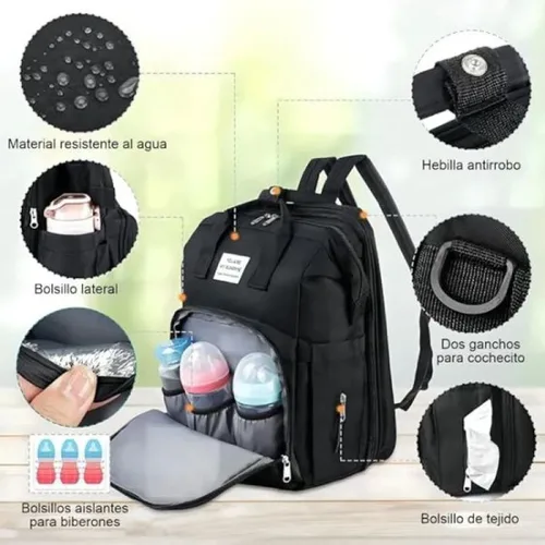Vista 4 de Pañalera Mochila Bebe Modernas Para Niña Niño Plegable Negro.