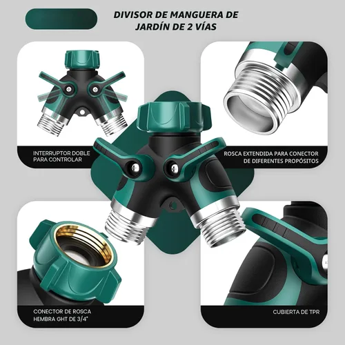 Vista 2 de Divisor de manguera de jardín de 2 vías con válvula de cierre, divisor de espiga de agua para conector de manguera de 3/4 pulgadas, divisor de grifo