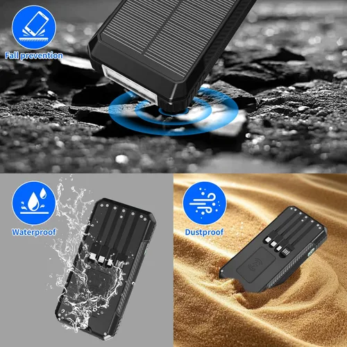 Vista 6 de Banco de Energía Cargador Solar 49800mAh, Carga Inalámbrica Portátil para Teléfono con 4 Cables Incorporados Carga Rápida 22.5W, Puerto