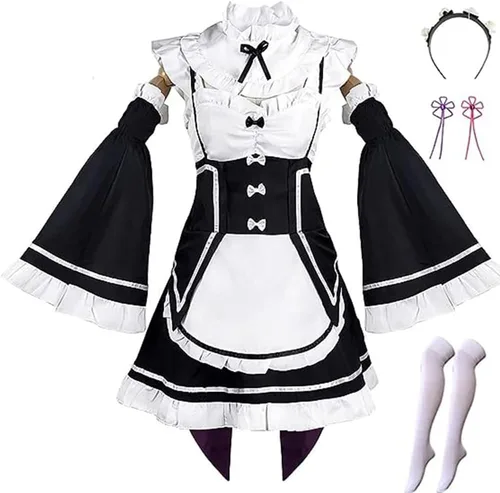 Vista 6 de Lmetsky Rem Ram Disfraz de Cosplay Vestido Disfraz de Natsuki Subaru Re Zero Conjunto de Cosplay Uniforme de Sirvienta Halloween