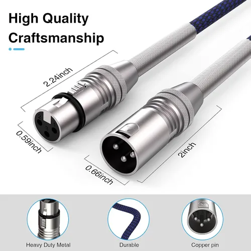 Vista 6 de Cable XLR de 2 pies, paquete de 10 unidades, cable de micrófono trenzado XLR macho a hembra, cable de micrófono de 3 pines, cable XLR equilibrado