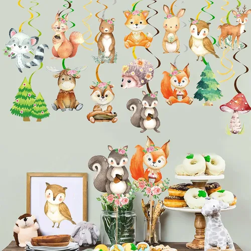 Vista 8 de Decoraciones de fiesta de bosque, 20 piezas de animales del bosque, remolinos colgantes, animales del bosque, decoraciones de techo para decoración