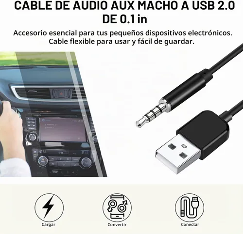 Vista 6 de Adaptador de audio USB a conector de 0.138 in, conector de audio AUX macho a USB 2.0 macho cable adaptador de cable de carga para iPod Shuffle MP3