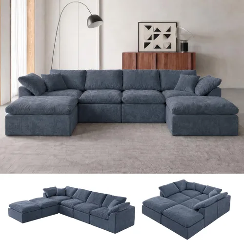 Vista 16 de Sofá modular de nube sin hueso de 110 pulgadas para sala de estar, sofá modular en forma de L de gran tamaño con otomana, sofá seccional de felpilla