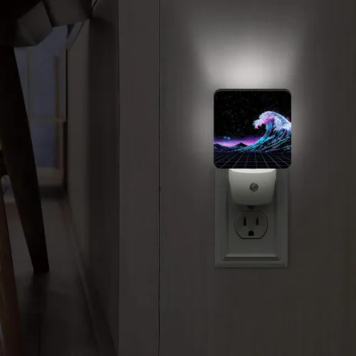 Vista 6 de Waves Night Lights Plug Into Wall, Retro Futuristic Stars Mountains Summer Blue Smart Led Plug in Night Lights for Wall Socket for Bedroom Kids Room
