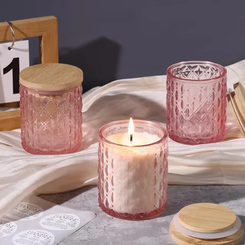 Vista 4 de NITIME 15 piezas de tarros de vela de 7.5 onzas rosados para hacer velas, recipientes de vela de vidrio con tapas de bambú y etiquetas adhesivas