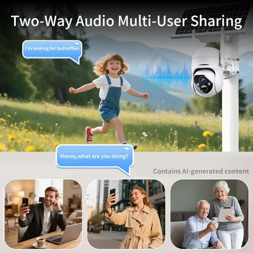 Vista 6 de Cámara inalámbrica de seguridad solar de 3 MP con visión de 360 ° con batería solar, cámara WiFi con detección de movimiento AI/conversación de 2