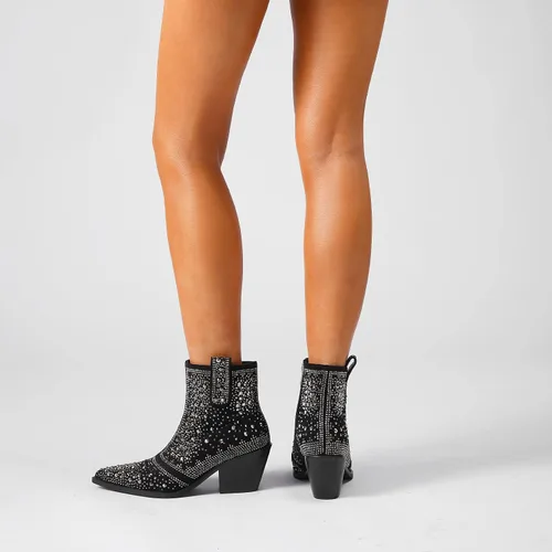 Vista 6 de ISNOM Botas vaqueras con diamantes de imitación, botines brillantes con punta puntiaguda y diseño de tacón grueso