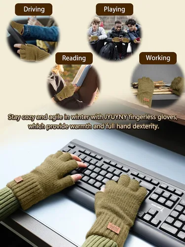 Vista 4 de JYUYNY Guantes de invierno sin dedos para mujeres y hombres, cálidos de lana de alpaca de punto elástico, para clima frío, guantes de medio dedo
