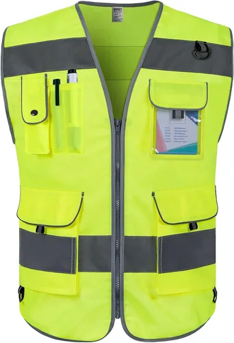Vista 13 de TCCFCCT Chaleco de seguridad reflectante de alta visibilidad con 9 bolsillos para hombres y mujeres, chaleco de construcción Hi Vis con tiras