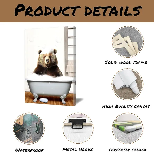 Vista 6 de QIXIANG Lienzo decorativo de oso para decoración de baño, diseño de oso divertido en la bañera, impresiones de imágenes de tema moderno de animales
