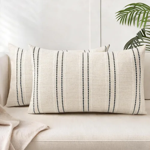 Vista 23 de AELS Fundas de Almohada Decorativas de Lino Estilo Granja de 16x16, Funda de Almohada con Textura Boho, Juego de 2, Beige con Rayas de Hilo Teñido