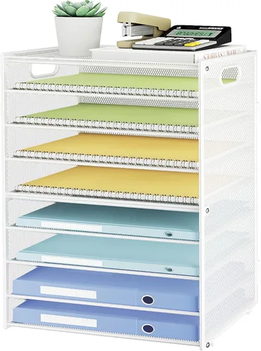Vista 11 de SUBEKYU Organizador de papel de 9 niveles para escritorio, bandeja de cartas de malla de metal negro, organizador clasificador de papel de archivo