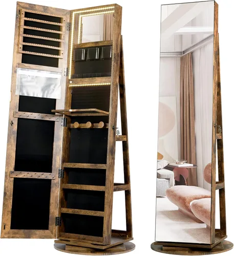Vista 8 de Vlsrka LED Light Jewelry Cabinet with Full Length Mirror 360 Swivel, Large Jewelry Organizer Armoire Lockable Free Standing Mirror with Jewelry