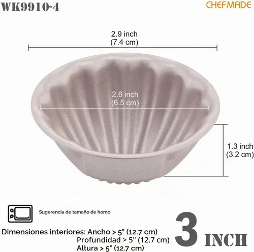 Vista 2 de CHEFMADE Juego de Moldes Mini para Pasteles Madeleine, 4 Piezas de 3 Pulgadas Antiadherentes con Forma de Concha Esférica Madeleine para Hornear