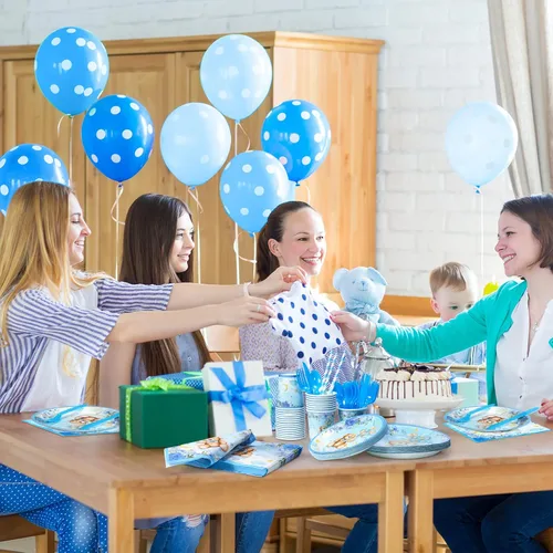 Vista 6 de 200 piezas de decoración de oso para baby shower para 25 invitados, platos de papel para baby shower, servilletas para niños, juegos de oso azul