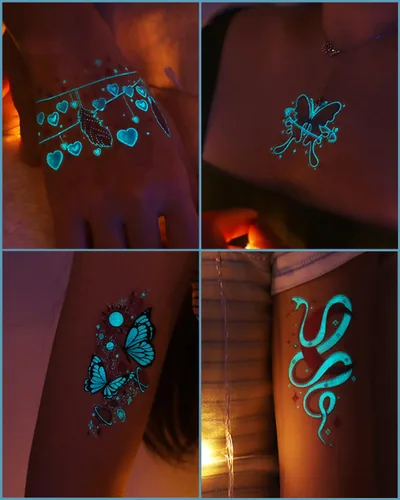 Vista 3 de 20 hojas de tatuajes temporales de mariposa que brillan en la oscuridad para mujeres, flores luminosas, mariposas, alas de tatuaje, calcomanías