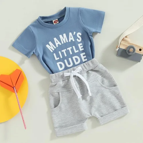 Vista 71 de Conjunto de traje de verano para bebé niño pequeño, manga corta, cuello redondo, letras impresas, lindo traje de verano, conjunto de 2 piezas