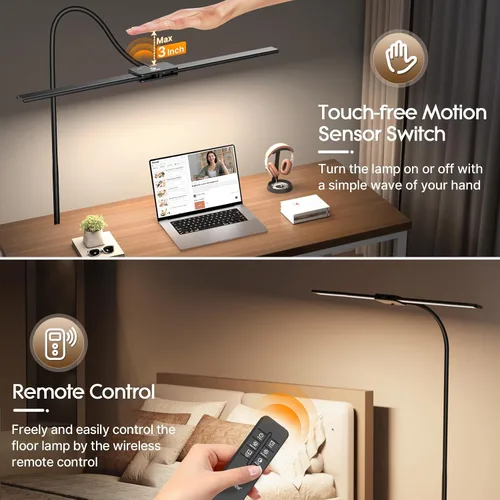 Vista 7 de Syrinx Lámpara de Pie LED, Lámparas de Pie de Doble Cabezal con Cuello de Ganso para Sala de Estar con Interruptor de Gestos y Control Remoto