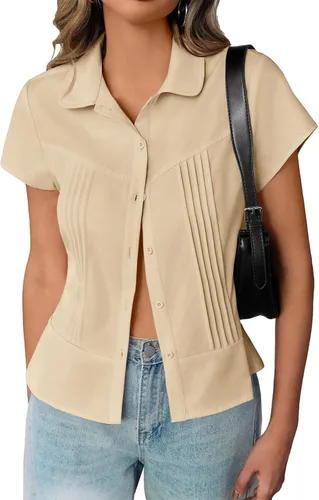 Vista 12 de Cicy Bell Blusas de manga corta con botones para mujer, plisadas, ajuste ceñido, elegantes casuales de verano