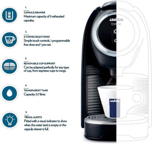 Vista 6 de Lavazza Blue Classy Mini cafetera espresso individual LB 300, 5.3" x 13" x 10.2" 2 selecciones de café: controles táctiles simples, 1 dosis libre