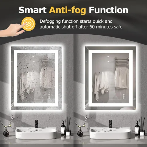 Vista 4 de Hivone - Espejo de baño LED de 24x30 pulgadas con luces, función antivaho, regulable, retroiluminado + iluminación frontal, espejo de tocador