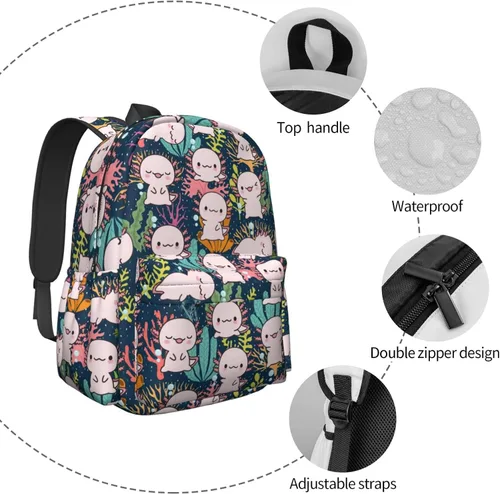 Vista 5 de MISOLAXI Axolotl - Mochila casual, mochila universitaria para laptop, mochilas para niños, niñas, niños y adultos, con correas acolchadas ajustables