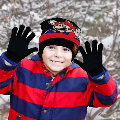 Vista 3 de Nintendo Super Mario - Conjunto de gorro y guantes de invierno para niños para clima frío, edad 4-7, Multicolorido