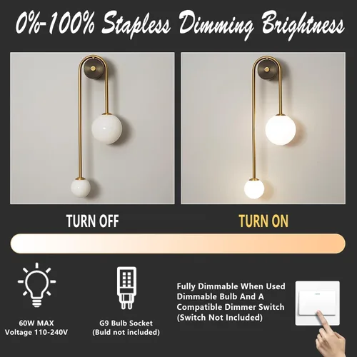 Vista 5 de Lámpara de pared moderna de mediados de siglo con forma de globo para interiores, 2 luces, color negro y dorado, con vidrio de leche, lámparas